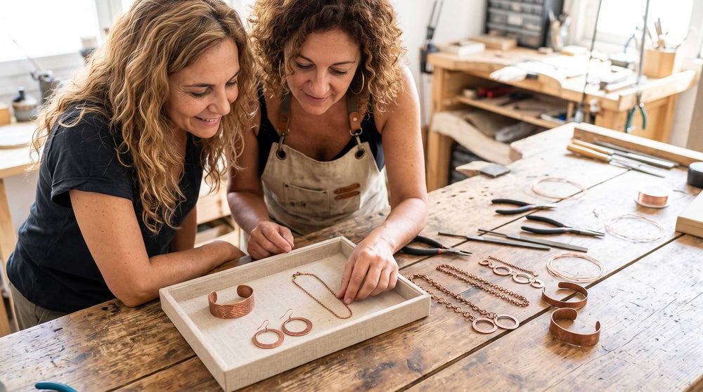 Dos mujeres eligen piezas de cobre para una bandeja de lino